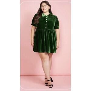 ModCloth Such A Stunner Velvet Shirt Dress Green Velour Collar Plus Size 16W